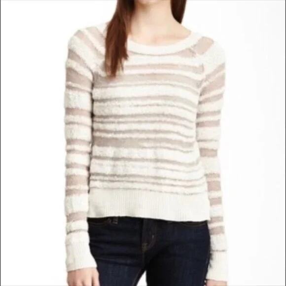 BCBGeneration NWT Risa Wool Blend Neutral Tan Open Knit Boucle Stripe Sweater - Picture 1 of 13